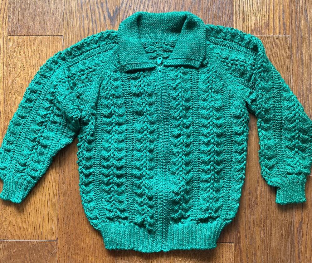NEW Hand-Knitted Green Kids’ Zip-Up Cardigan Sweater Size 4-5 Years